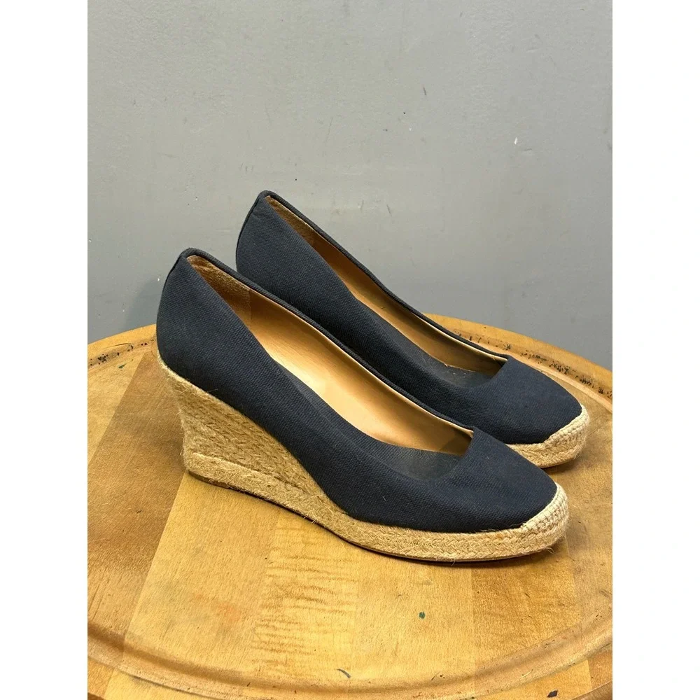 J.Crew Espadrille Wedge Women 8 Navy Blue Canvas Round Toe Pump Summer Heel